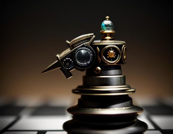 steampunk pawn chess piece. marble chess board. intricate de...