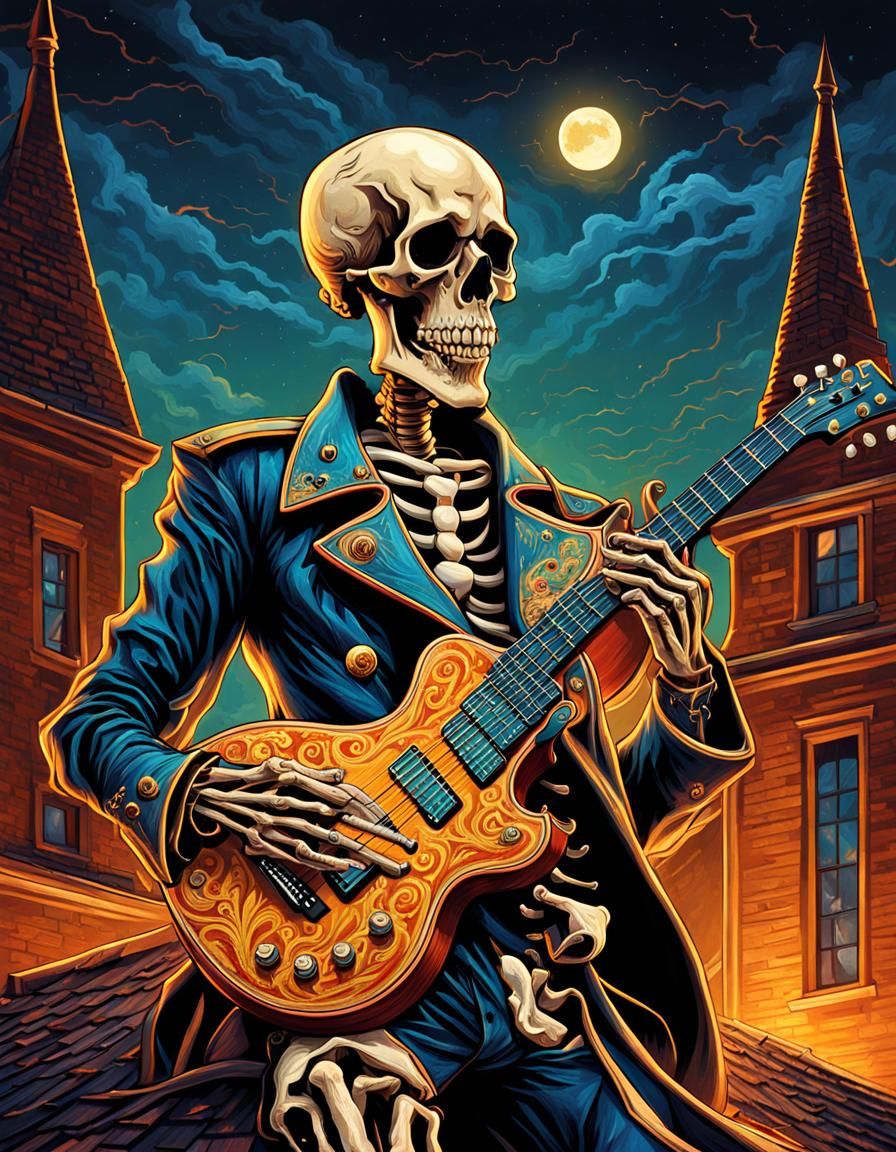 Rockstar Skeleton on Castle Roof in Magic Realism