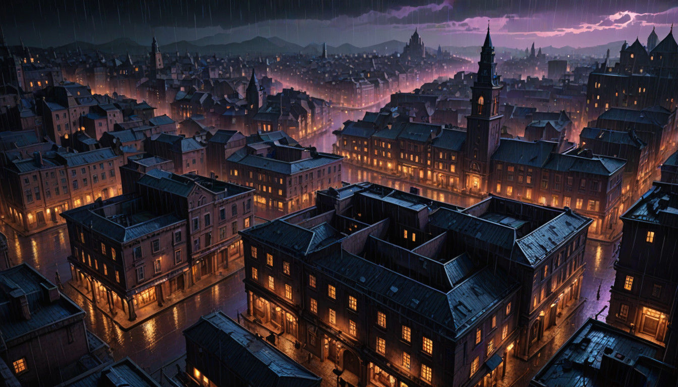 Ancient Cityscape at Night, Illuminated by Neon Lights