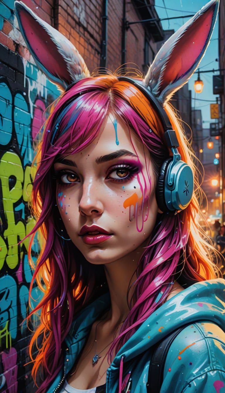 Vibrant Graffiti: Horned Bunny Girls in Neon Alleyway