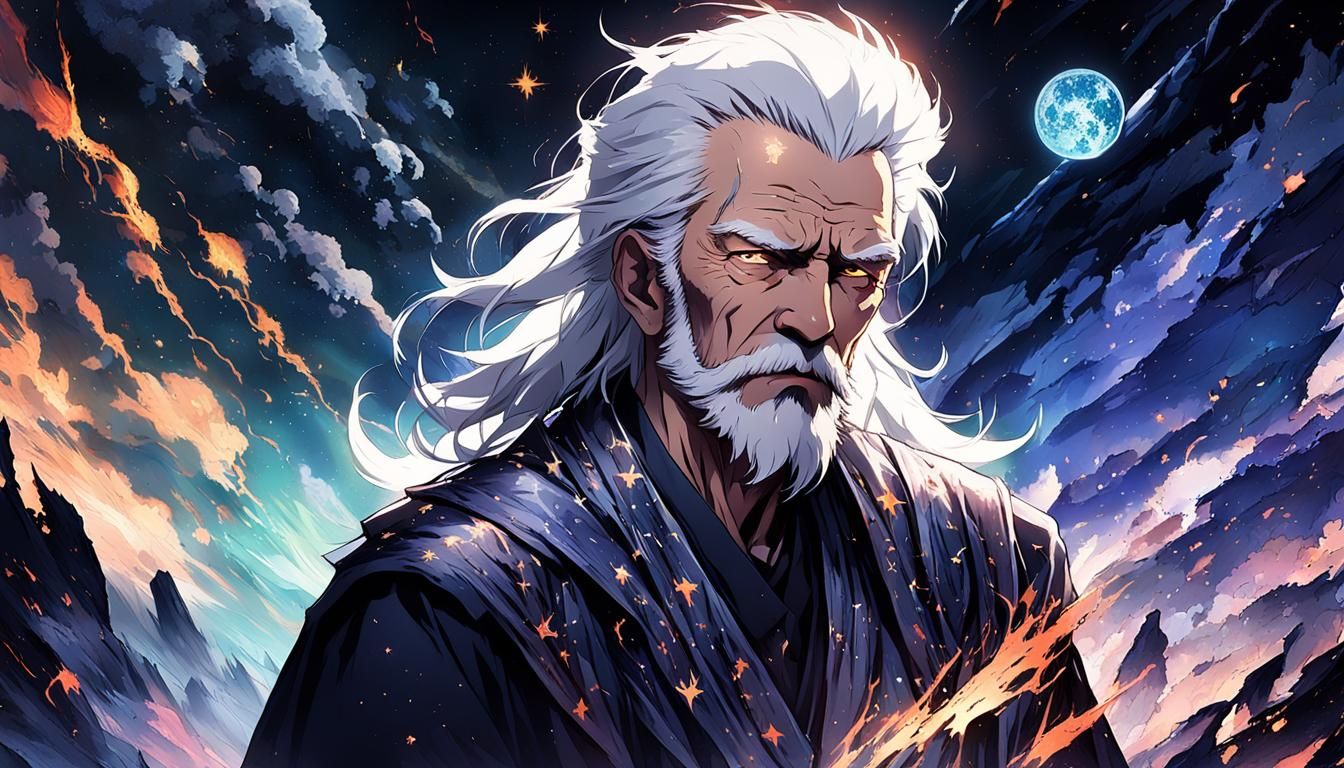 Anime-Style Portrait of a Reverent Old Man in Apocalyptic Sk...