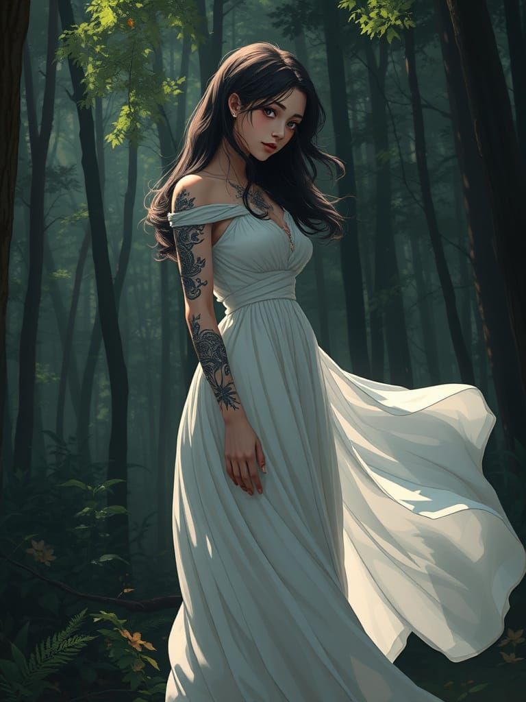 Woman with Tattoos in Shadowy Forest, Anime Photorealism