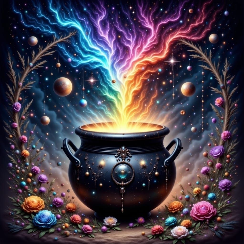 Ethereal Cauldron Unfolds Cosmic Wonders in Vibrant Fantasy...