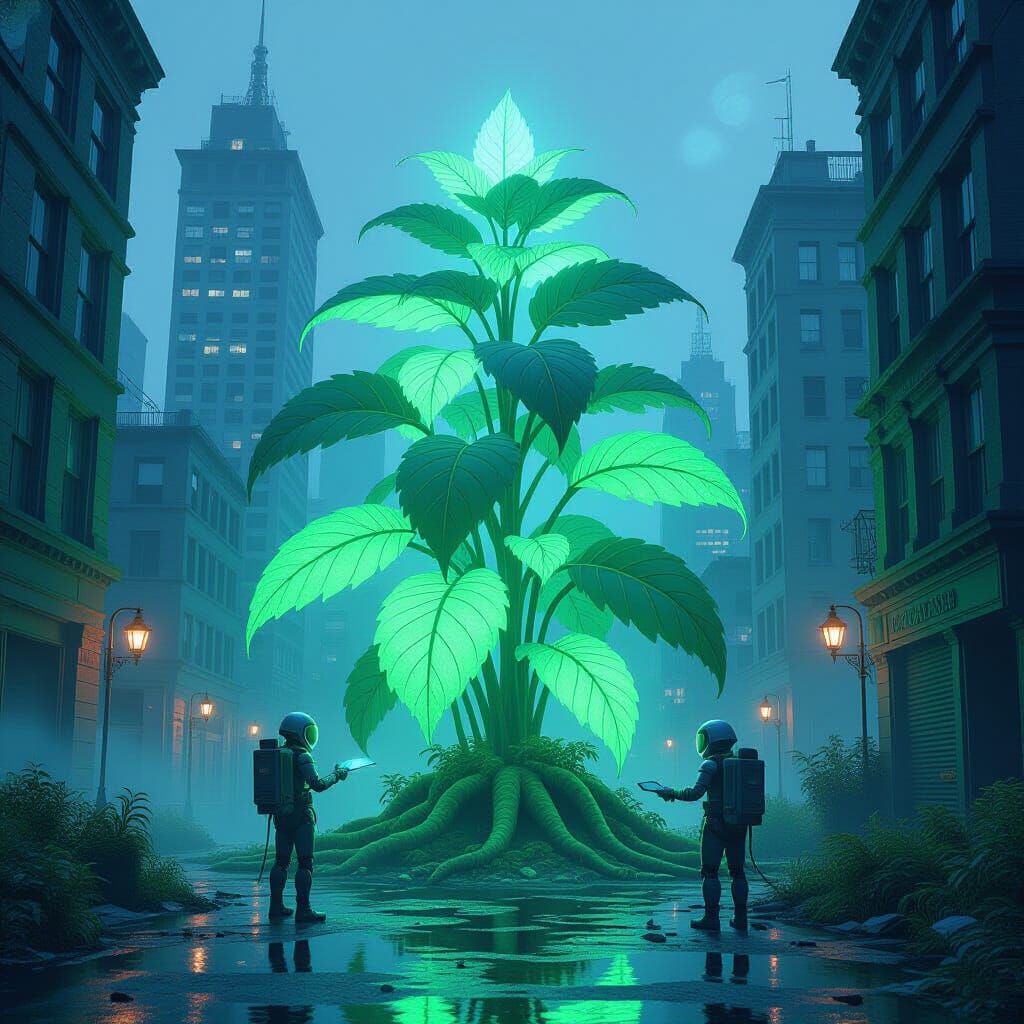 Bioluminescent Mint Plant in Ruined City, Astral Holographic...