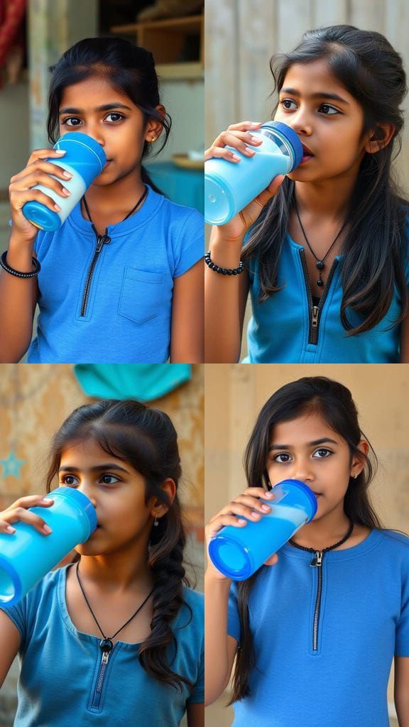 Realistic Photo of Young Woman Drinking Blue Milk
