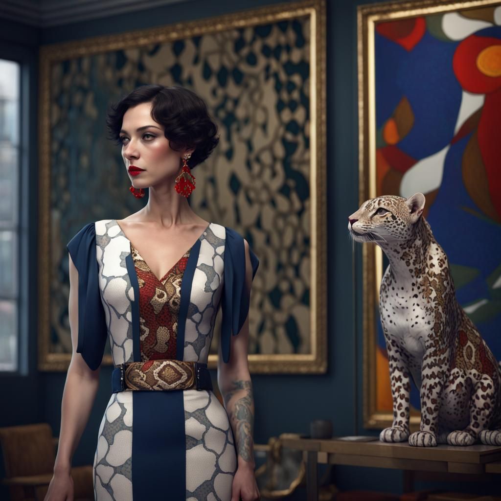 Woman and Leopard in front of Art Nouveau Painting