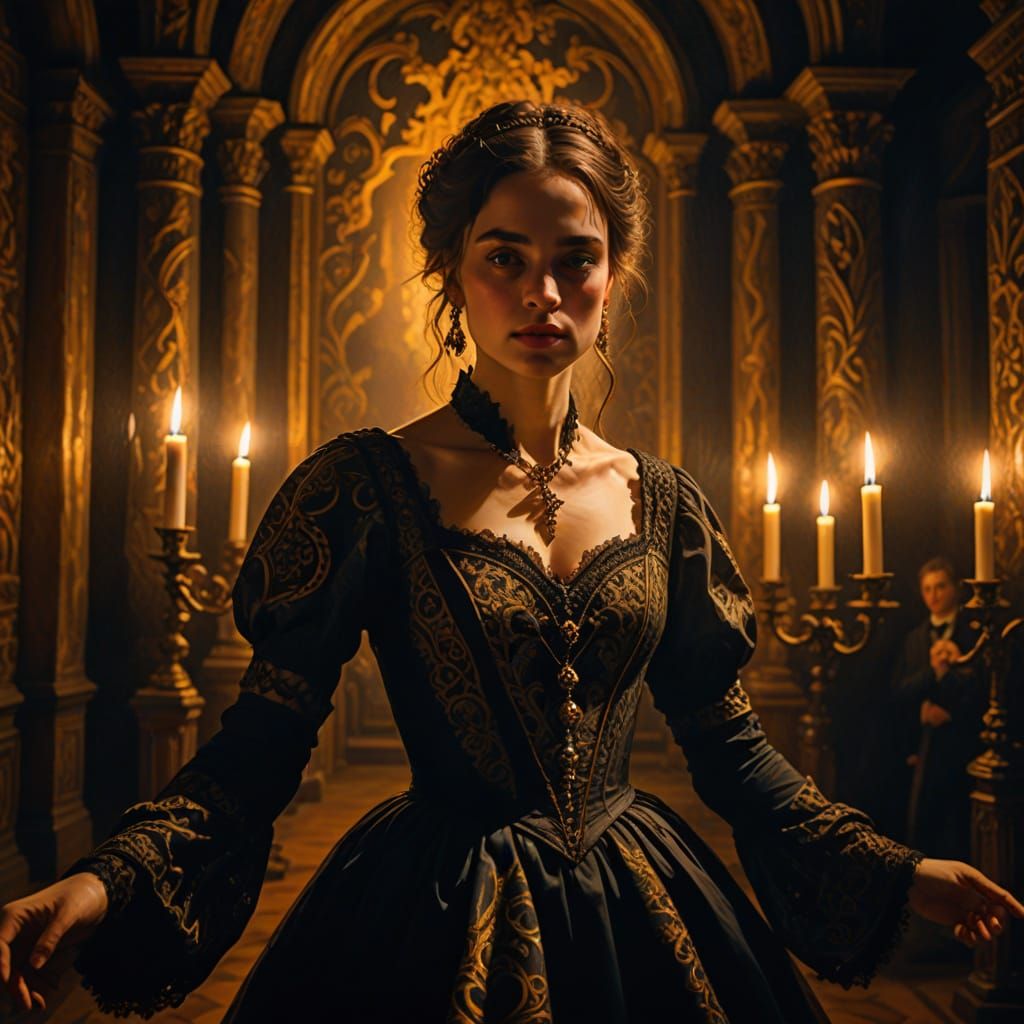 Eerie Dance: Gothic Woman in Baroque Oil Painting