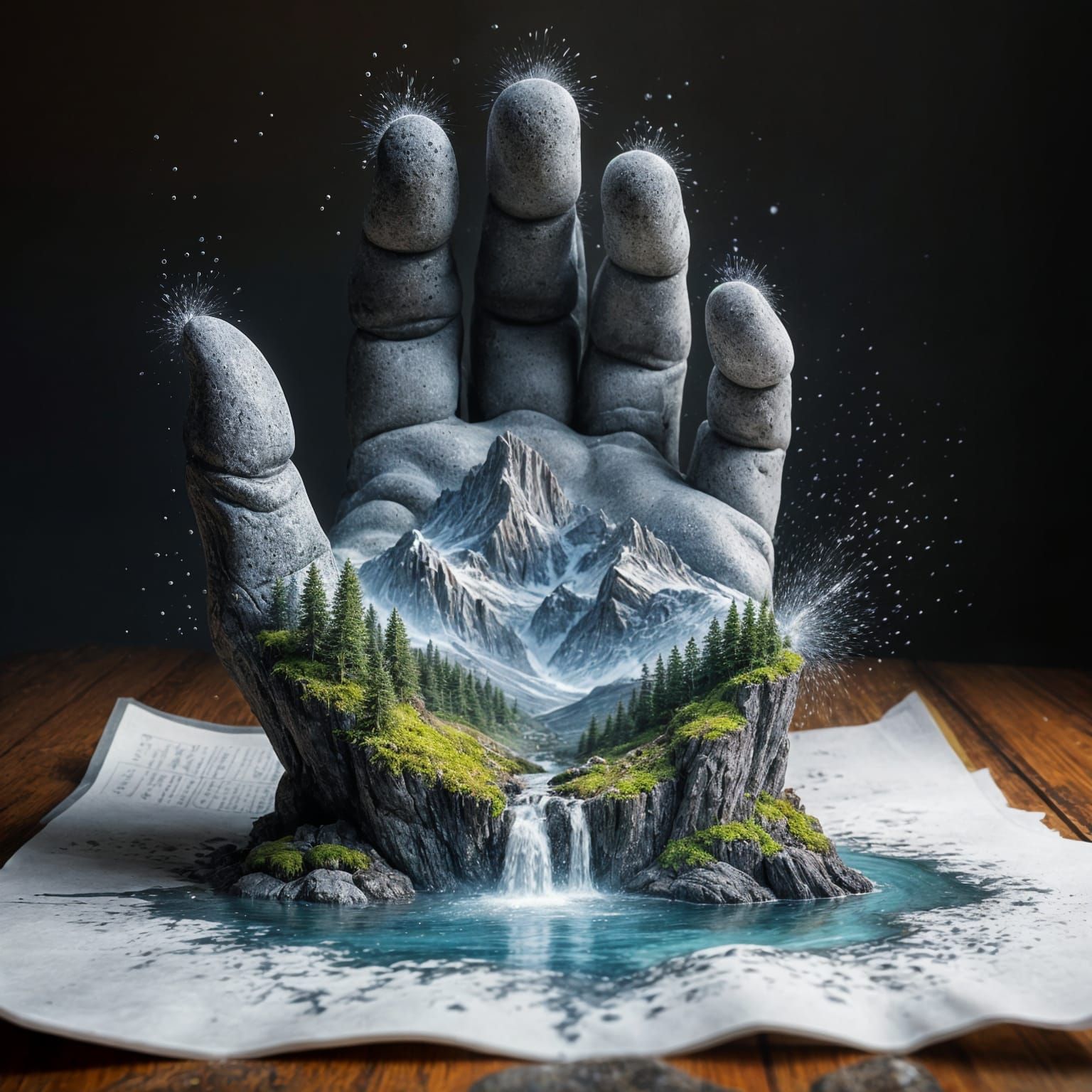 Pencil Drawing Becomes Stone Hand With Miniature World