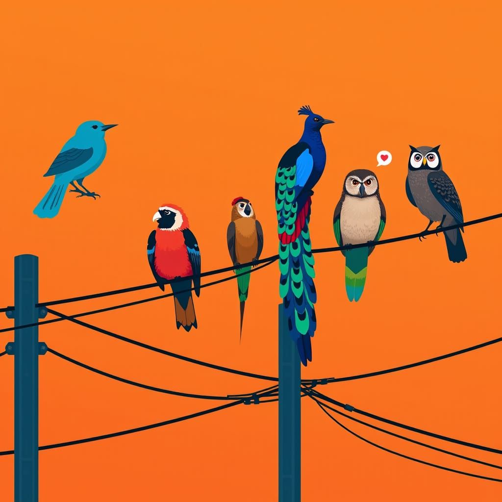 Birds in Vibrant Colors on Telephone Wires