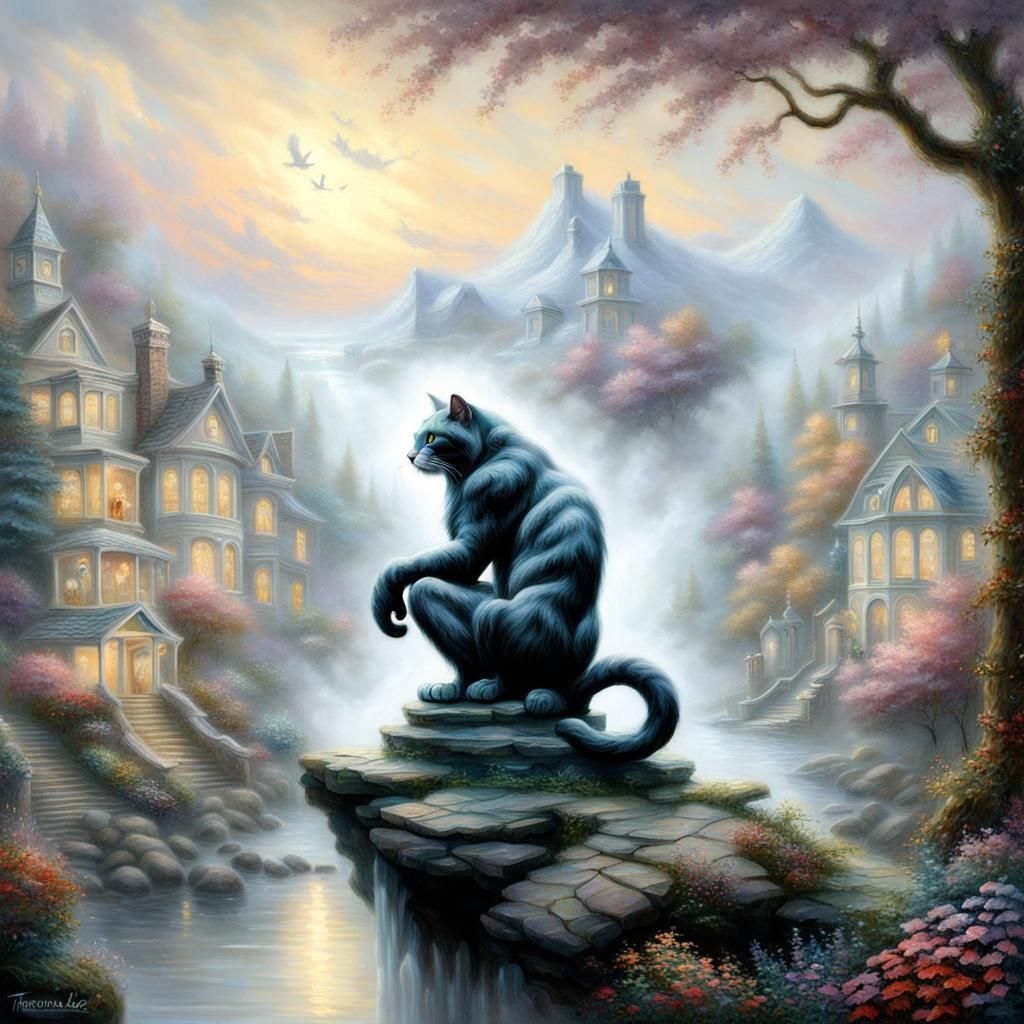 Cat as 'The Thinker' in Ethereal Fantasy Style