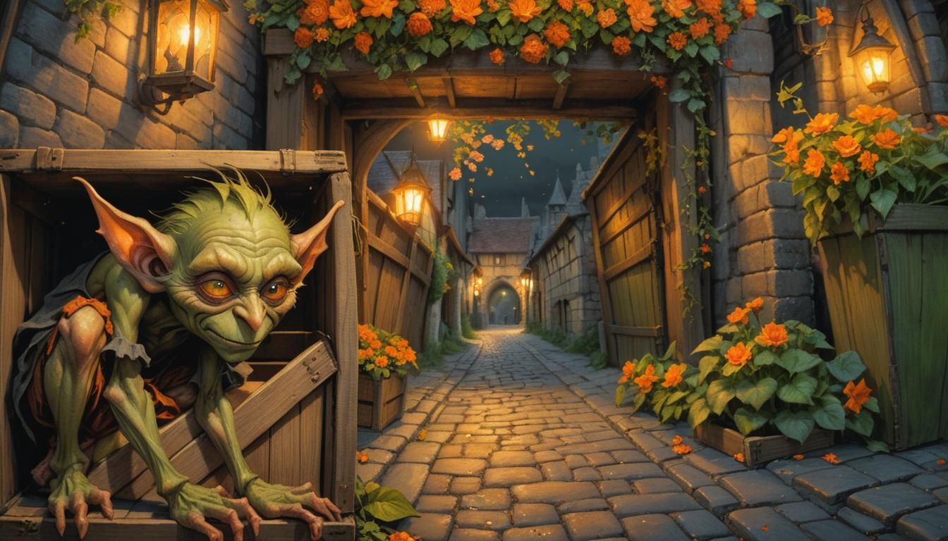 Goblin in Crate: Dark Fantasy Illustration