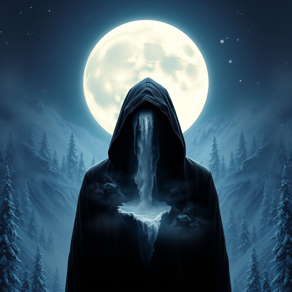 Mysterious Hooded Figure by Snowy Waterfall