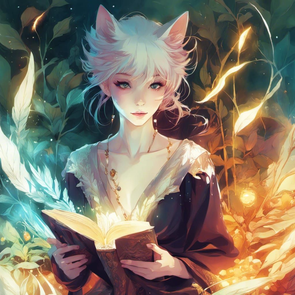 Beautiful Witch with White Cat Digital Painting