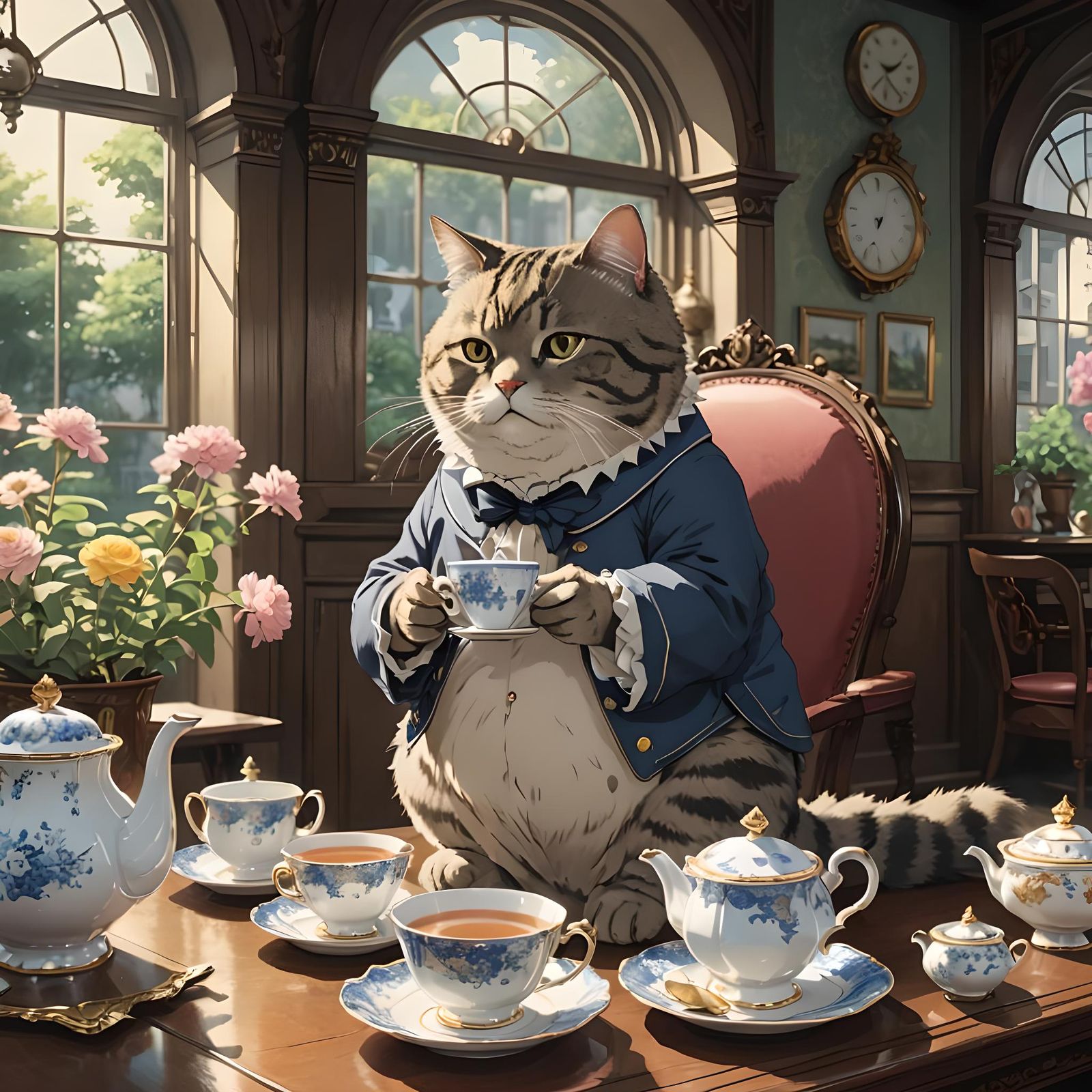 Anime Tabby Cat Tea Party in Victorian Style
