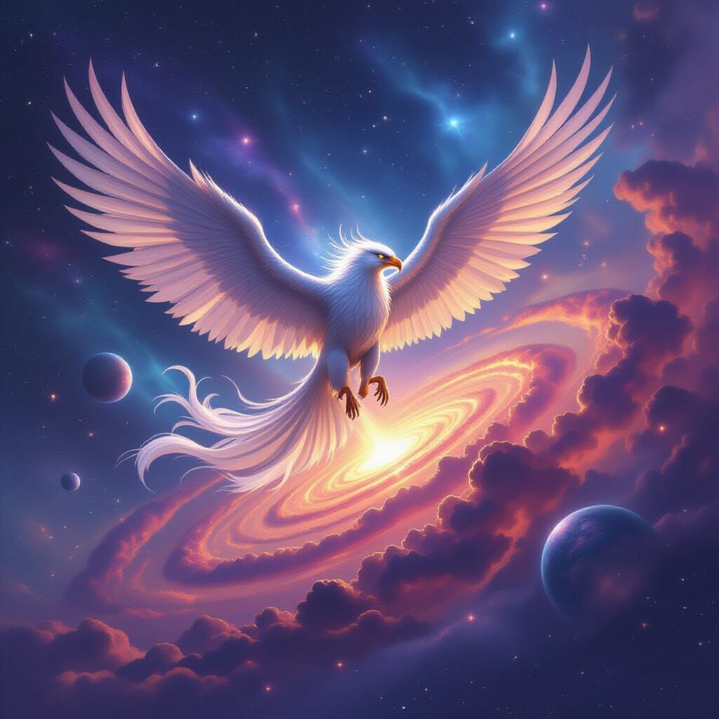 Majestic Griffin Soars Through Starry Nebula Sky