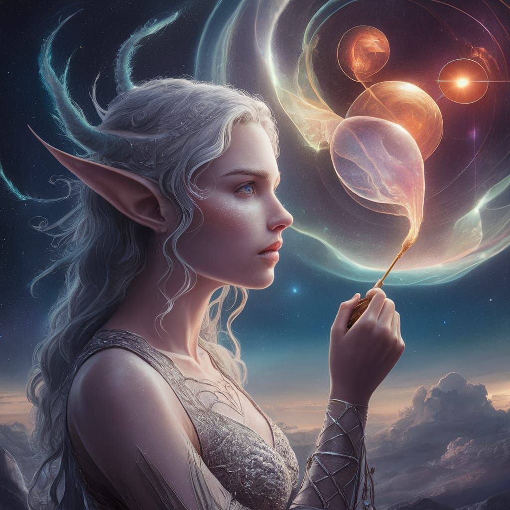 Female Elf Paints Sky in Cosmic Style