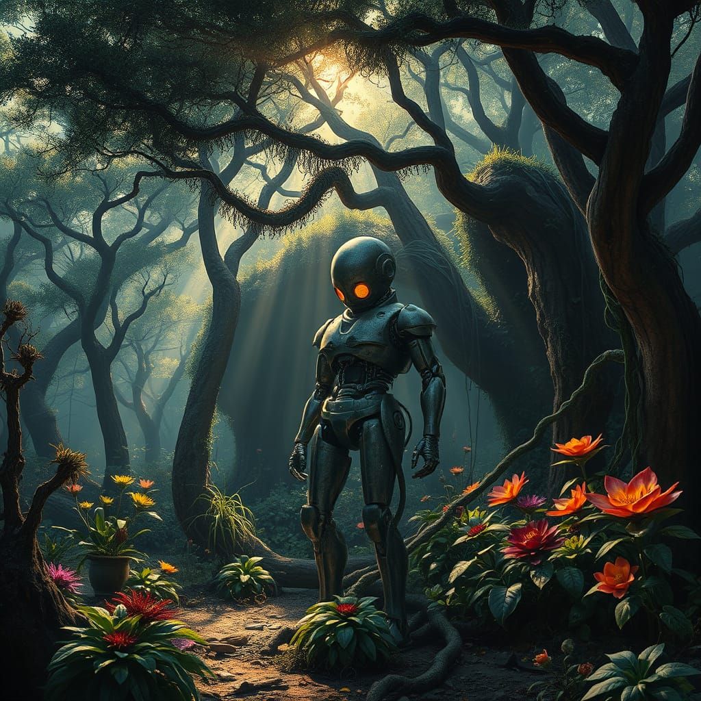Automaton in Overgrown Garden with Alien Flora