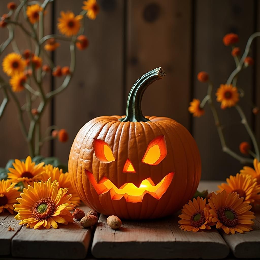 Jack-o'-Lantern Still Life with Flowers