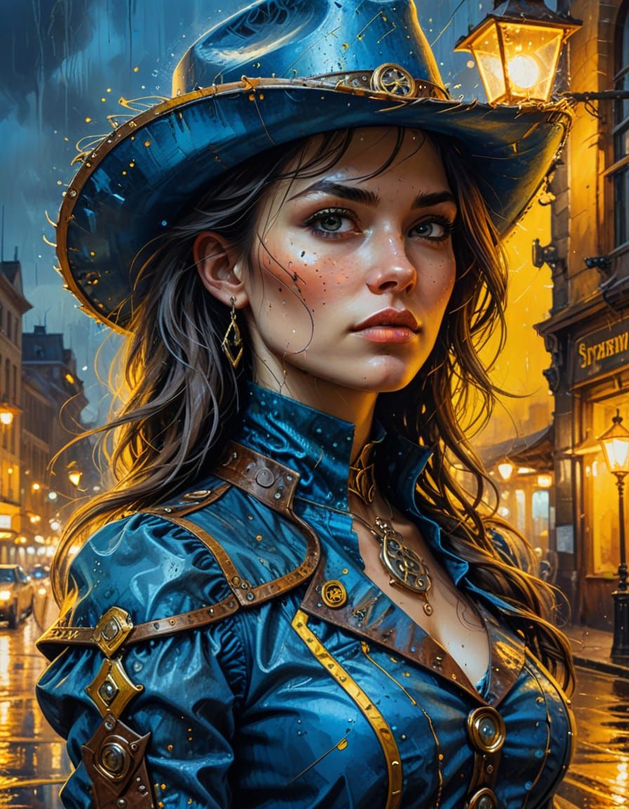 Steampunk Cowgirl Portrait with Oil and Ink Details