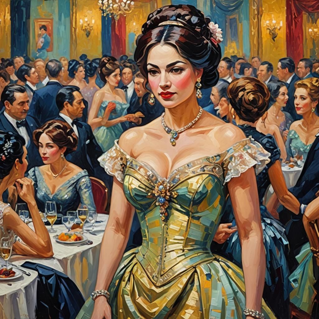 Courtesan Attends Gala: Expressionist Oil Painting