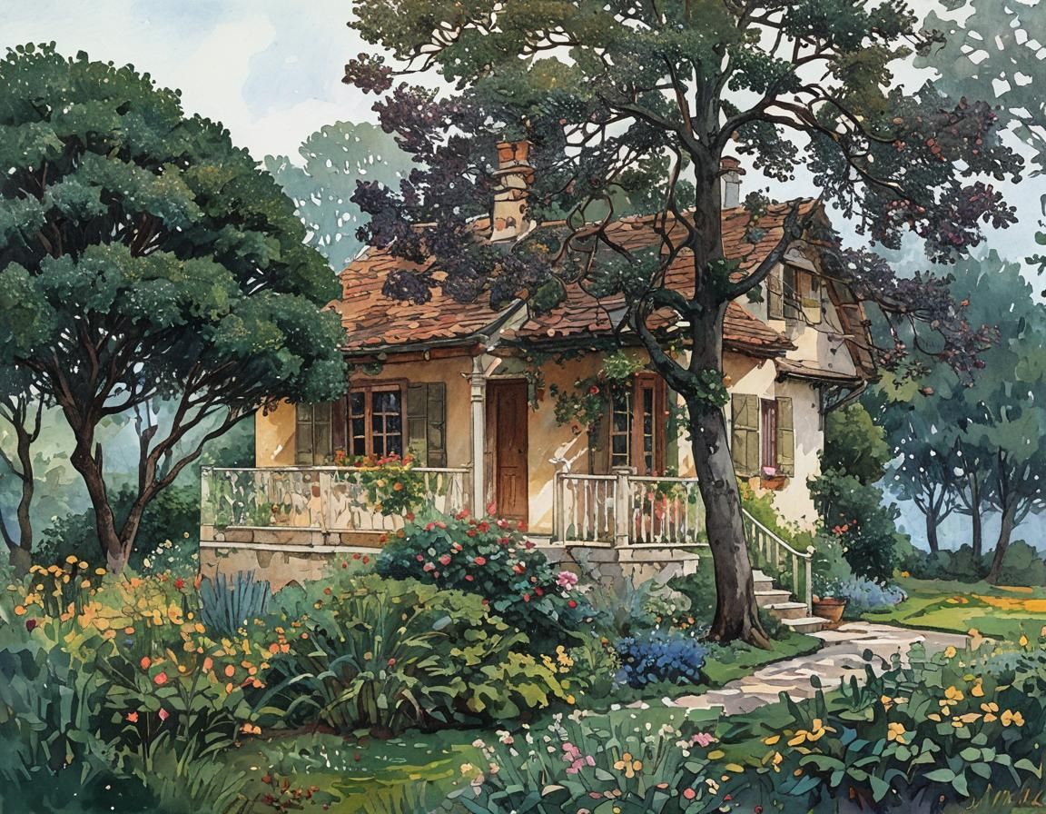 Cottage Surrounded by Gardens in Gouache Watercolor
