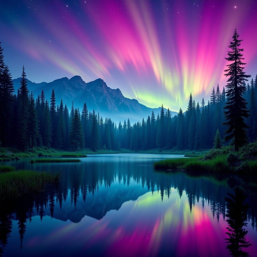 Northern Lights Reflecting Over Mountain Lake