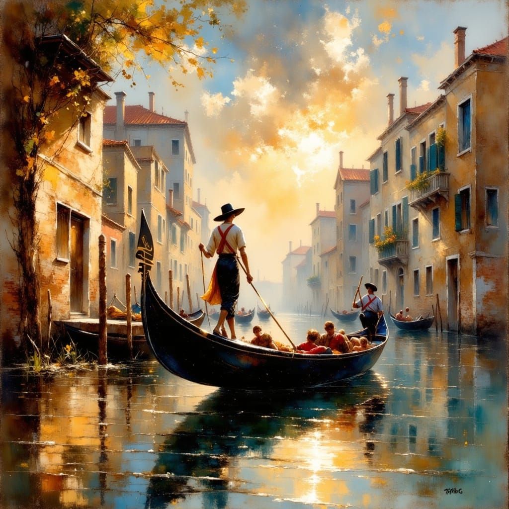 Venice Gondolier in Evening, Lautrec Style
