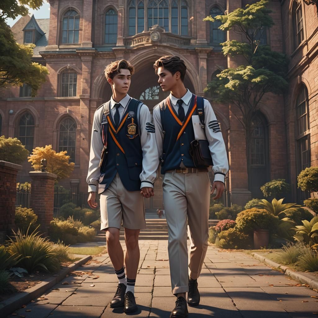 Gay Teen Couple Leaving School, Detailed Matte Painting