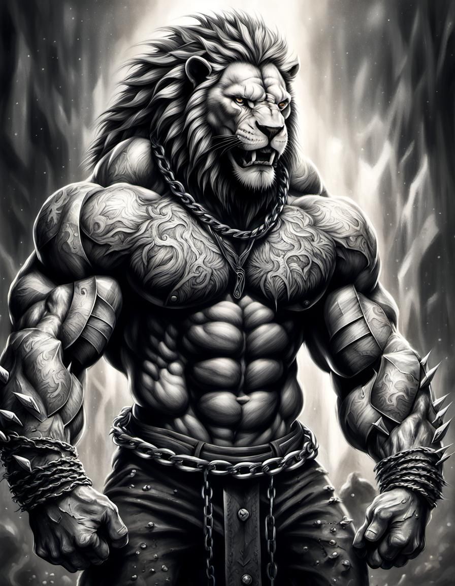 anthropomorphic lion man with massive muscular muscle ,8k re...