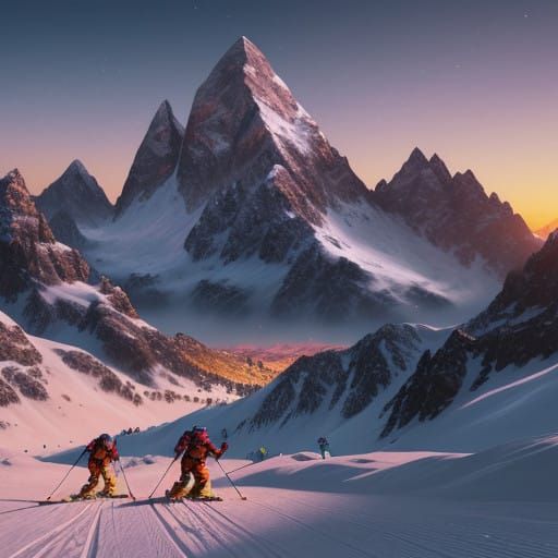 Mountain Majesty: Skiers in Vibrant Snowy Dusk
