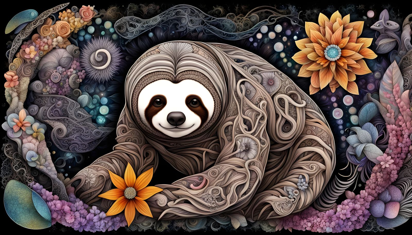 Ethereal Sloth in Vibrant Fractal Landscape