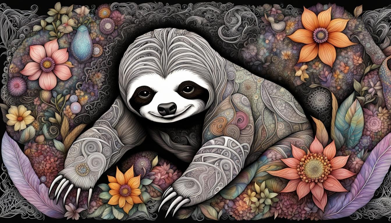 Interdimensional Sloth with Fractal Floral Design