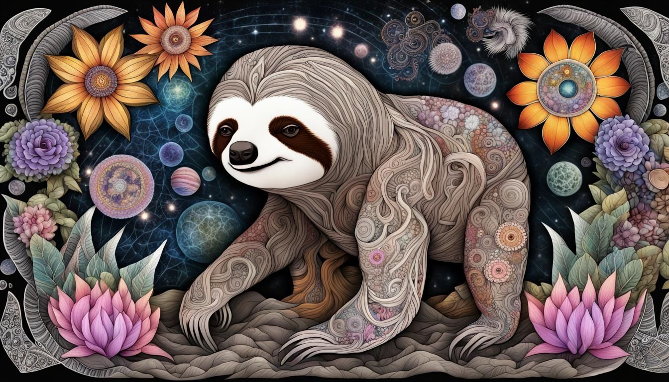 Interdimensional Sloth with Floral Fractal Patterns