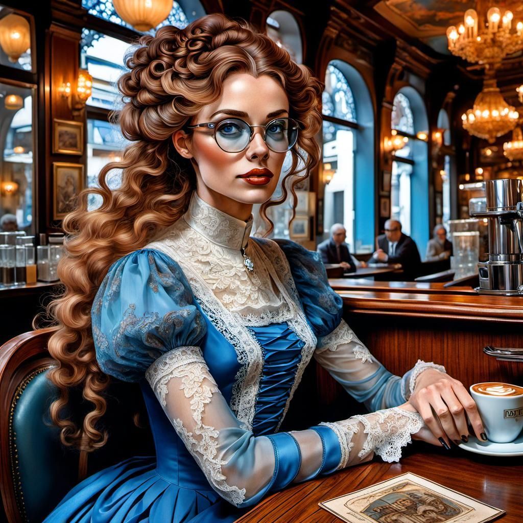 Woman in Rococo Dress at Espresso Bar