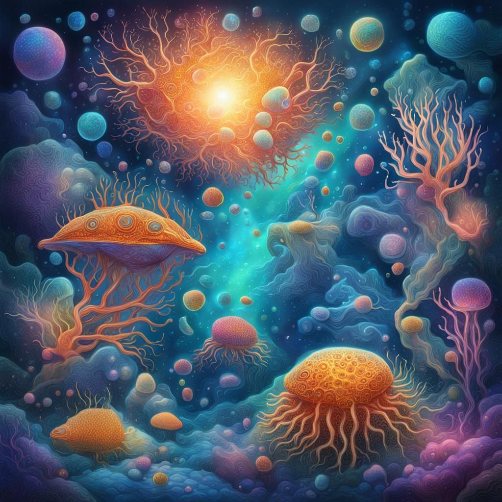 Surreal Underwater Microorganisms in Cosmic Astral Style