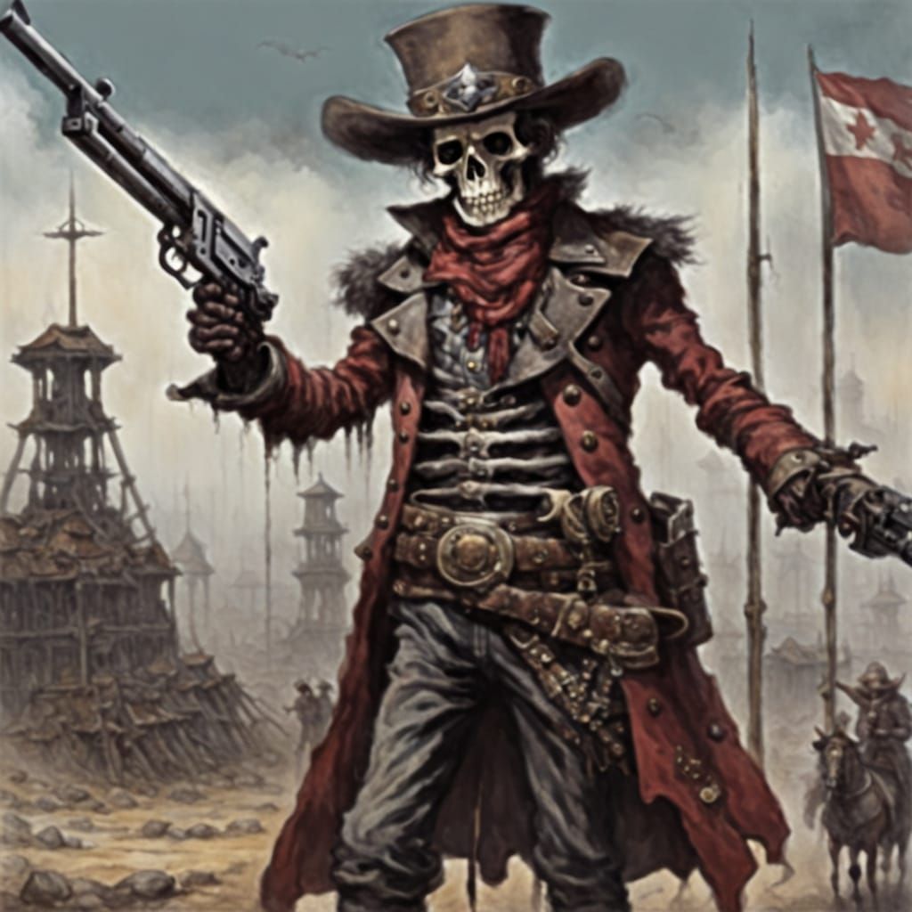 19th century dark fantasy skeletal cowboy with guns, standin...