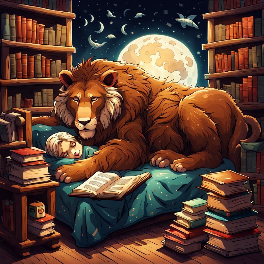 Whimsical Beast and Librarian in Dreamy Landscape