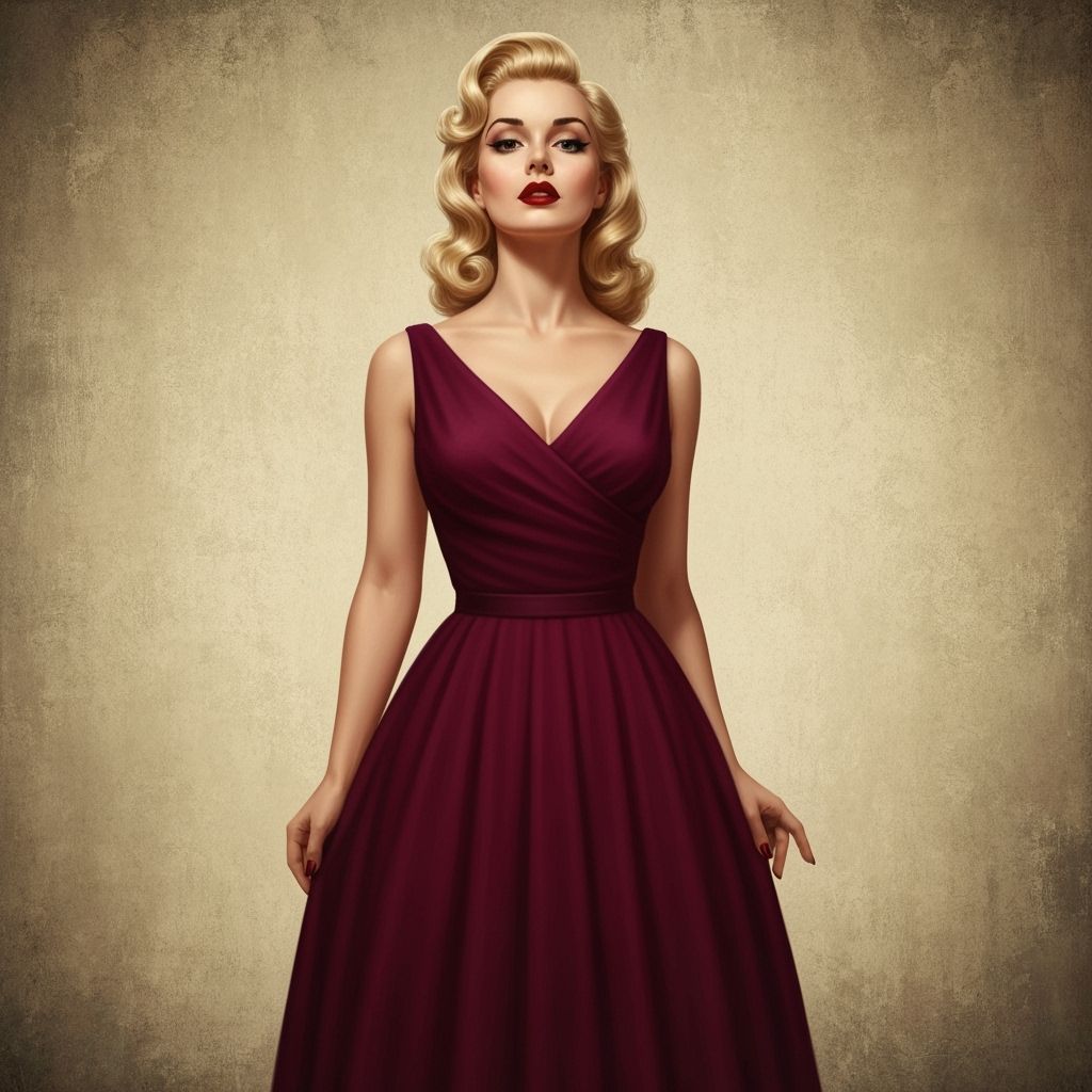 1950s Pin-Up Woman in Maroon Dress, Tonalist Style