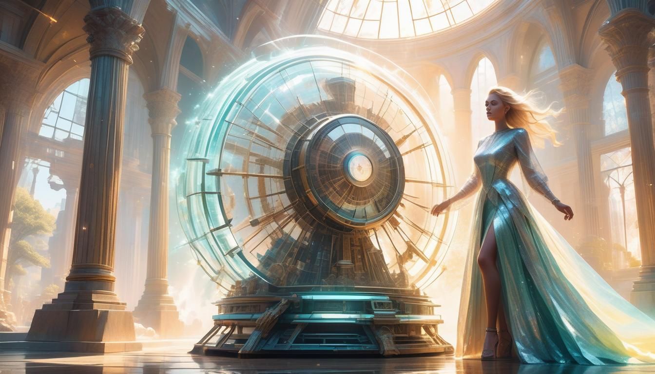 The time machine, next to a beautiful blonde nymph in touch with herself, her body, dressed in pastel colors, seen throu...