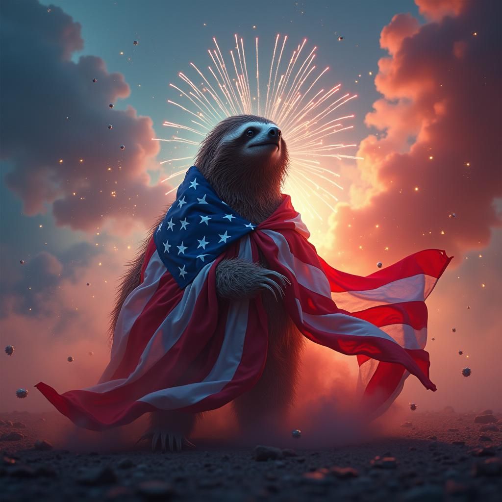 Patriotic Sloth with American Flag and Fireworks