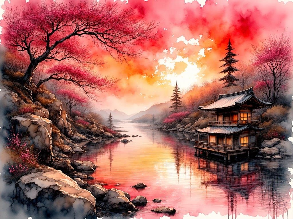 Japanese Spring Landscape with Alcohol Ink Details