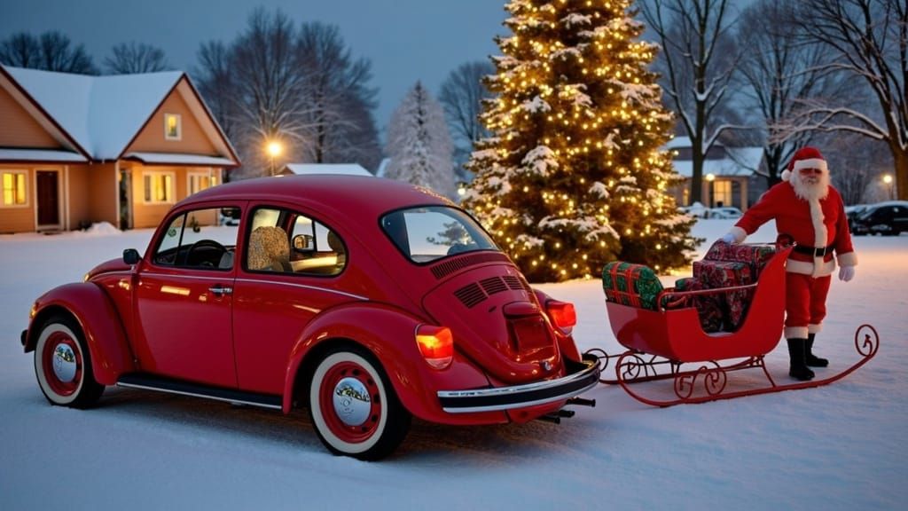 Bright Red Volkswagen Beetle in Winter Wonderland