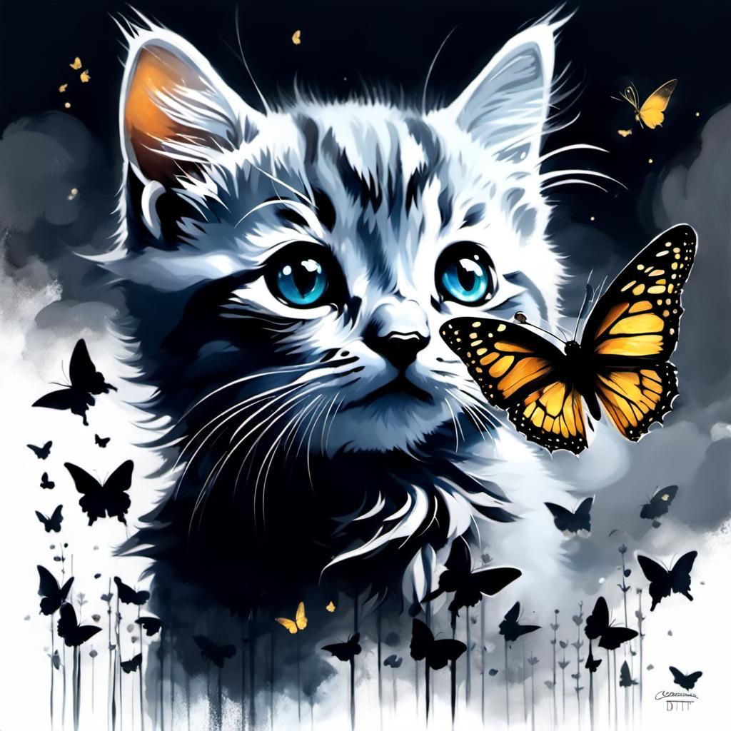 Adorable Kitten Chasing Butterflies in Hyperrealism Style