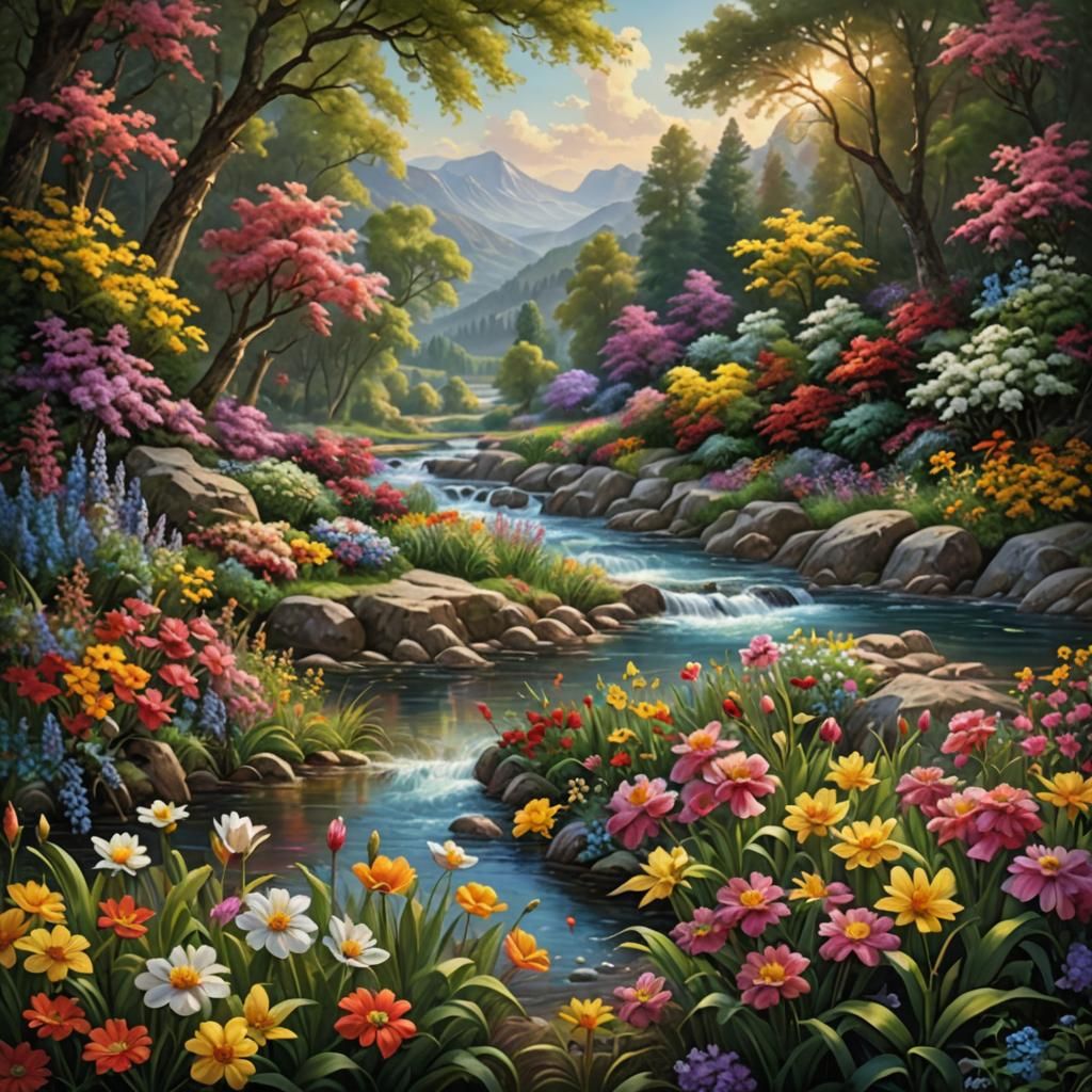Romantic River Landscape Painting in Vivid Color