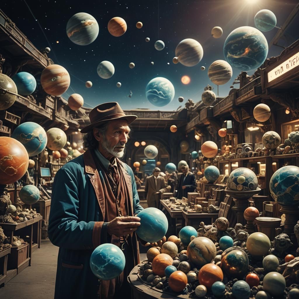 Cosmic Merchant Selling Planets: Cinematic Film Still