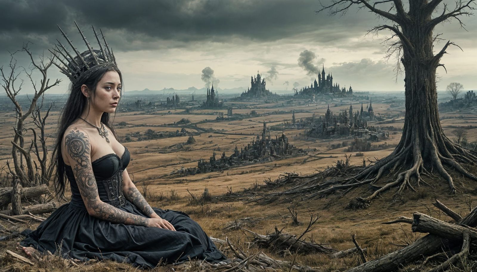 Tattooed Queen in Savage War Torn Landscape