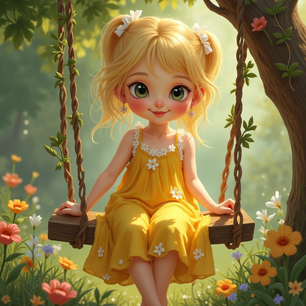 Whimsical Girl on a Vintage Swing in a Sun-Dappled Garden