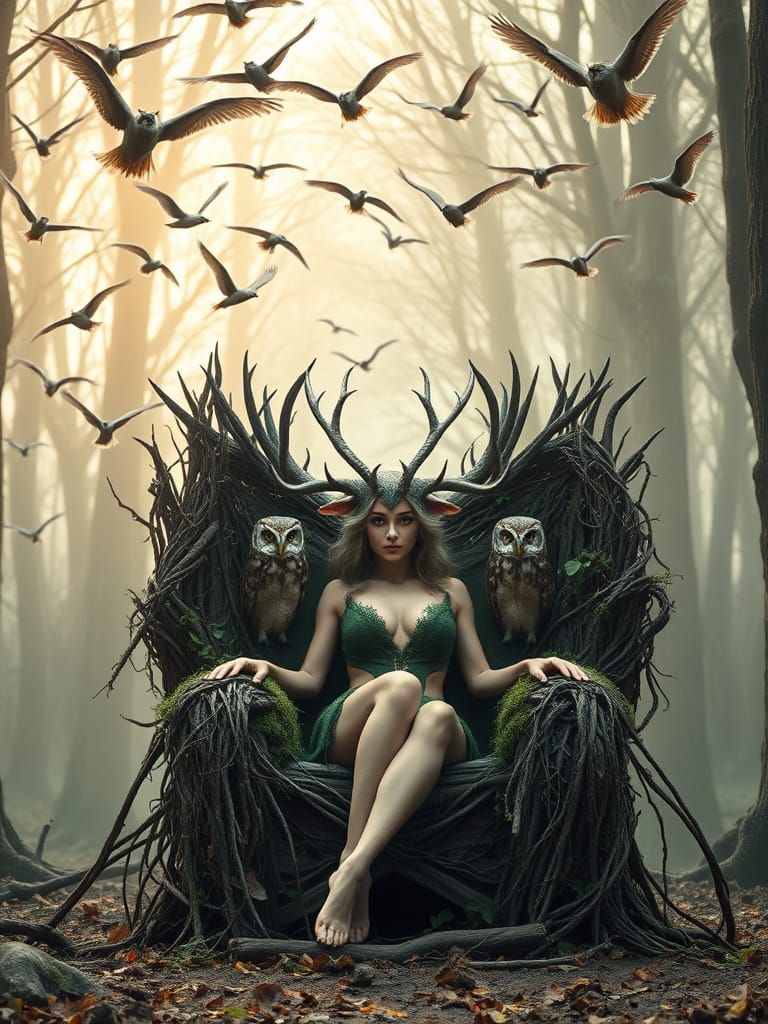 Female Satyr Queen Enthroned in Dawn Forest
