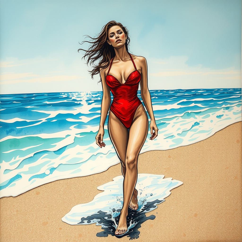 Bold Woman Emerges from Ocean Waves in Vibrant Pop-Art Style