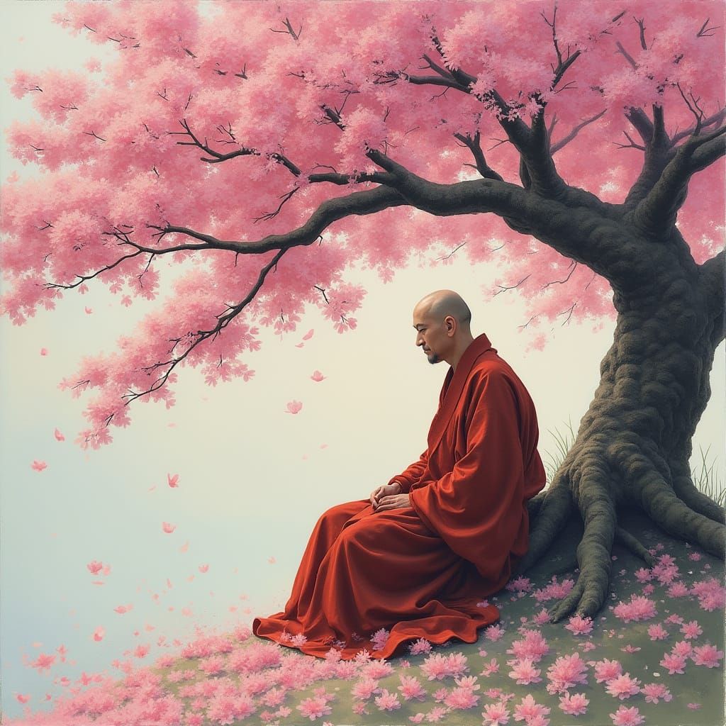Monk Meditating Under Cherry Tree in Impressionist Style
